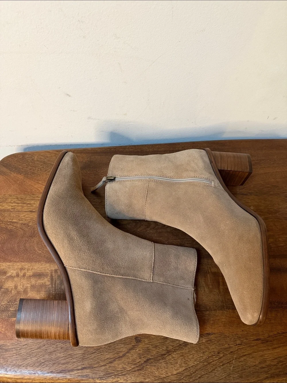 Patina Suede Tan Ankle Booties with Stacked Heel 10.5